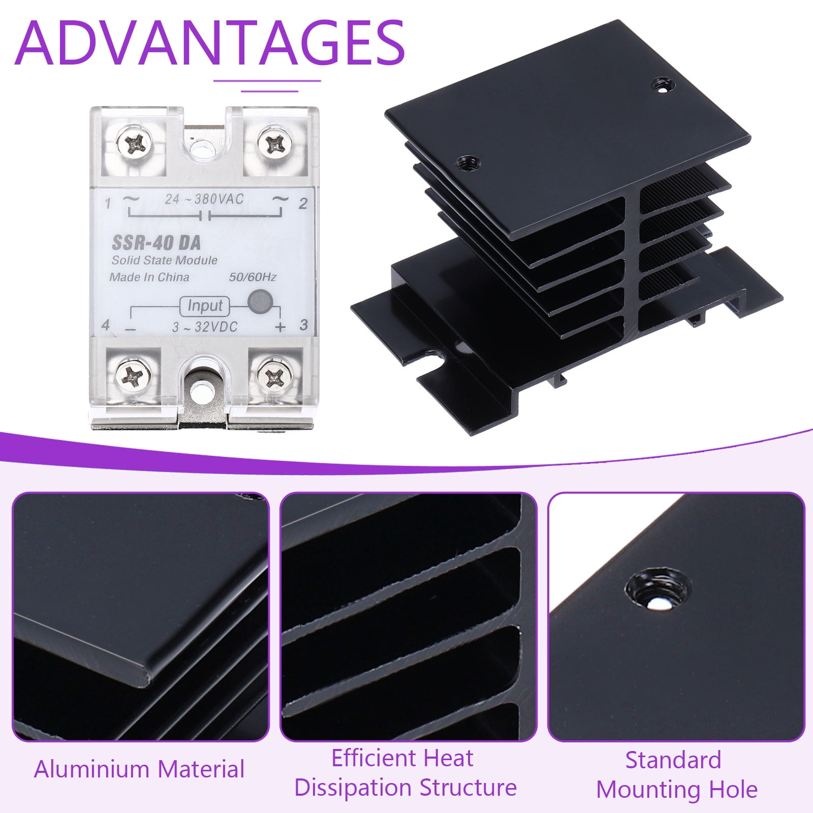 Uxcell SSR-40DA 3-32V DC Input to 24-480V AC Output Single Phase Solid State Relay AC 40A with SSR Heat Sink