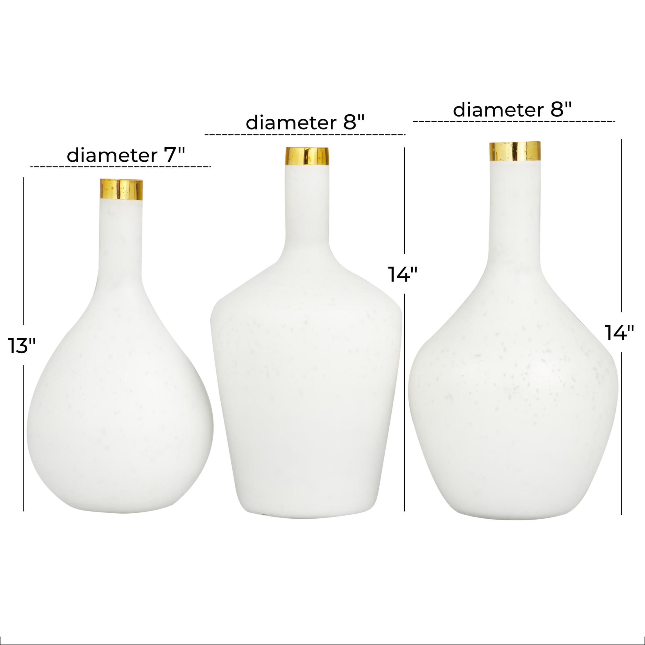 DecMode 13", 14", 13"H White Glass Vase with Gold Rim, Set of 3