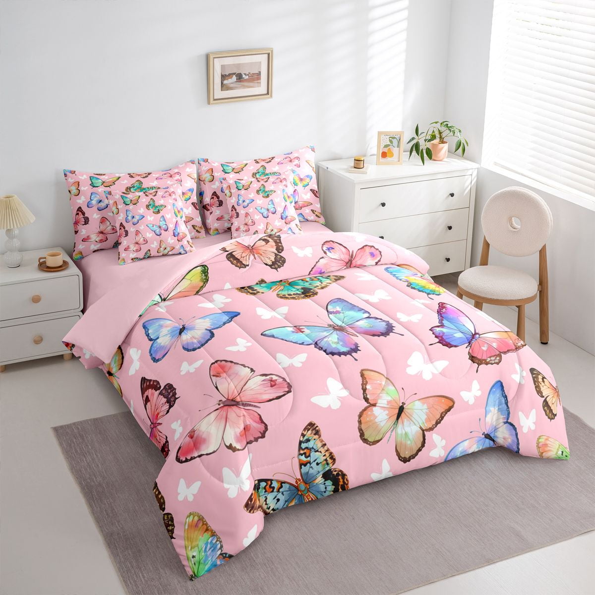 jejeloiu Flying Butterfly 7-Piece Twin Bedding Sets,Cute Multicolor Butterflies Bedding Comforter Set,Colorful Animals Sheet Sets For Girl,Ultra Soft Home Decor Reversible