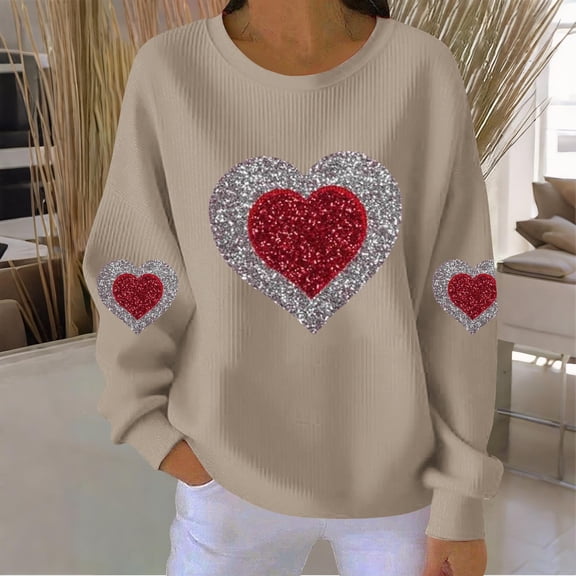 Zorckvet Womens Casual Sweatshirts Heart Print Crewneck Shirts Valentines Long Sleeve Crewneck Fashion Tops for Women