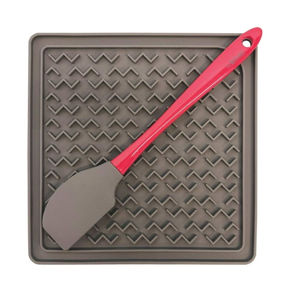 Messy Mutts Silicone Therapeutic Licking Mat with Silicone Spatula, 8" x 8", Warm Grey, Watermelon