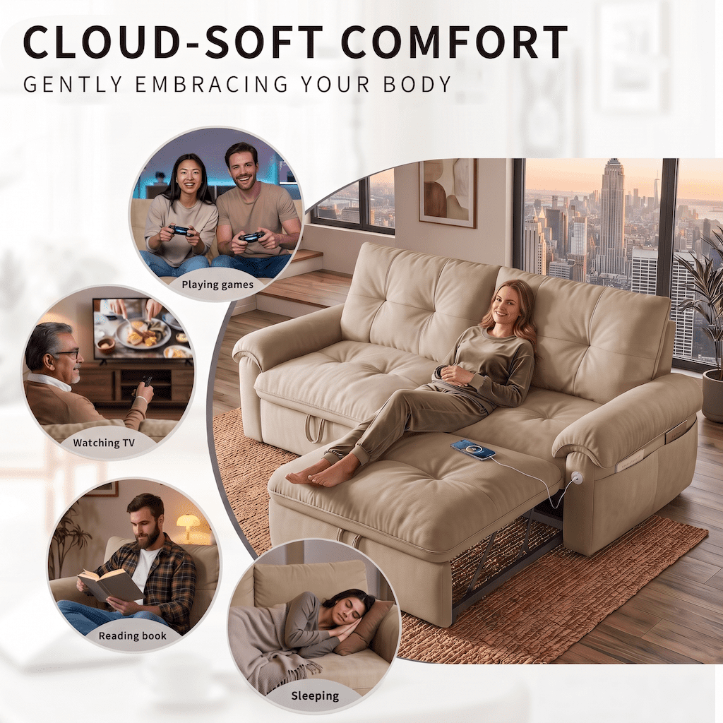 Xiweot Convertible Sleeper Sofa Bed, 77" Queen Size Pull Out Couch with Side Pocket, Adjustable Backrest & USB Ports, Comfy Velvet Loveseat for Living Room Apartment Small Space (Brown)