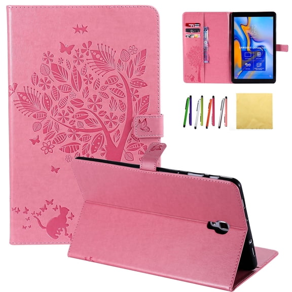 Galaxy Tab A 10.5 2018 Case, Allytech Embossed Cat & Tree PU Leather Stand Folio Wallet Case Cover with Credit Card Slots for Samsung Galaxy Tab A 10.5 (Model: SM-T590/T595/T597), Pink
