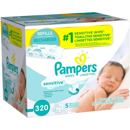 Pampers Sensitive Baby Wipes Refills, 5 packs of 64, (320 count)