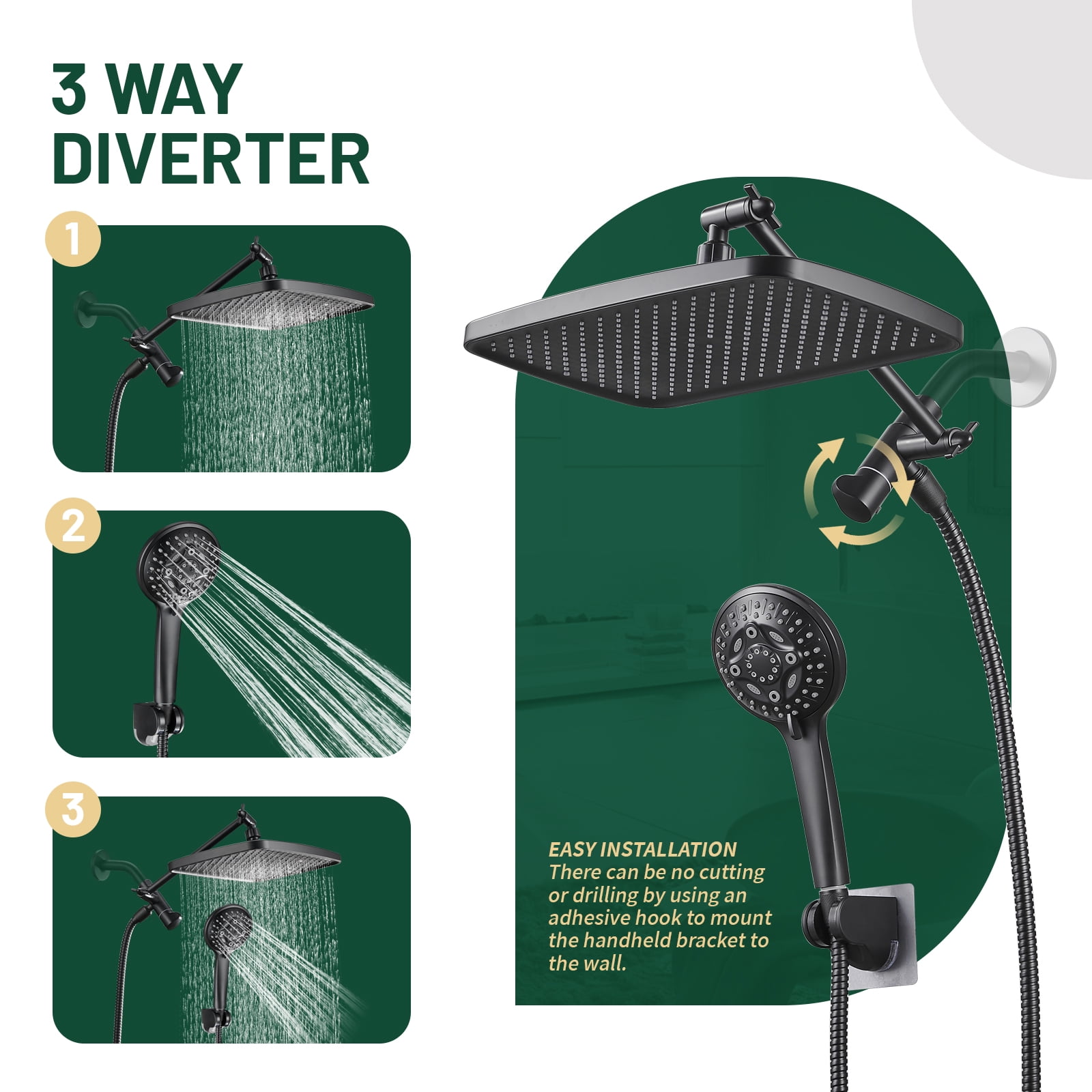Cobbe 12'' High Pressure Rain Shower Head with Extension Arm, Dual Shower Heads with 8 Modes Handheld Spray Combo,  Matte Black