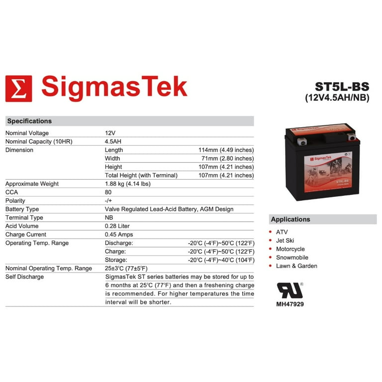 SigmasTek Extreme Battery XTAX5L-BS 12V 4.5 Ah AGM motorcycle