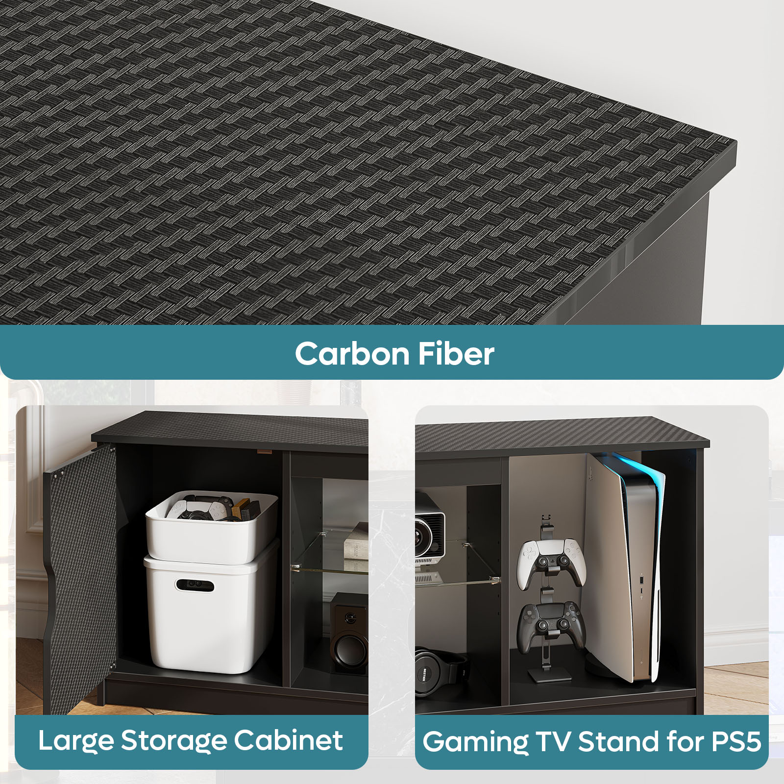 Bestier LED TV Stand for 65" TV, Black Carbon Fiber photo 4