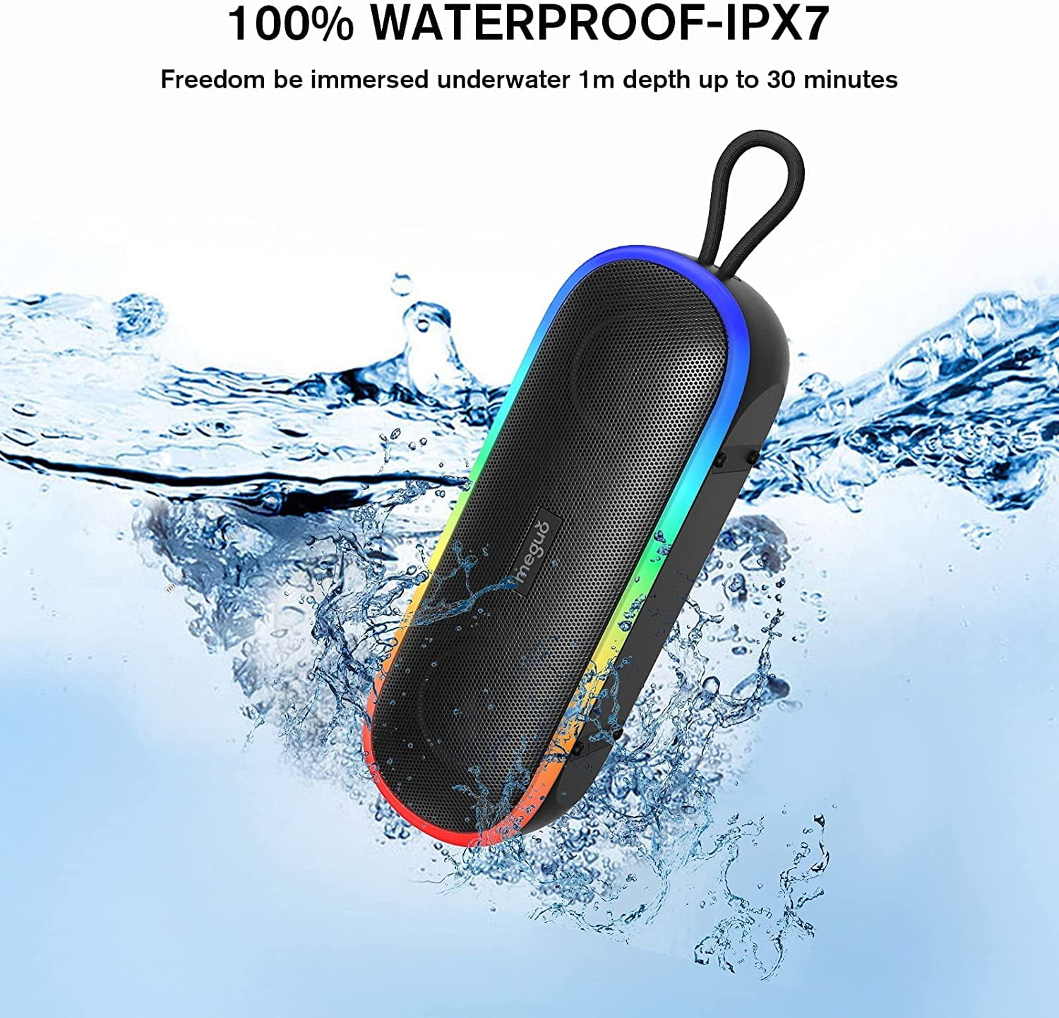 MEGUO Portable Bluetooth Speaker,Wireless Speakers with 20W Loud Stereo Sound & Bass+,IPX7 Waterproof,LED Light,24H Playtime,TWS for Outdoor Travel,Home Party,Pool,Beach,Hiking, Camping