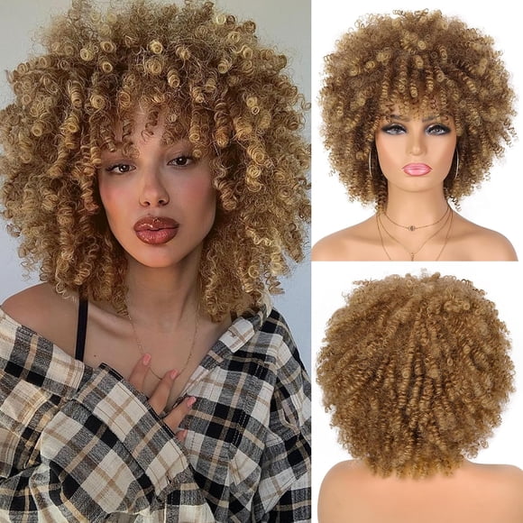 Woeilo Afro Wig for Black Women Fluffy and Soft Synthetic Kinky Curly Wig Glueless Short Curly Wig Ombre Blonde Curly Wigs with Bangs Curly Hair Wigs for Daily Party ...1.1 30T27 12 Inch