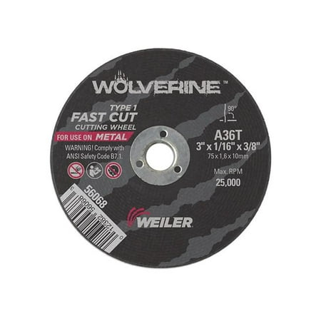 

Weiler 804-56068 3 x .625 x .375 in. Wolverine Type 1 Cutting Wheel A36T