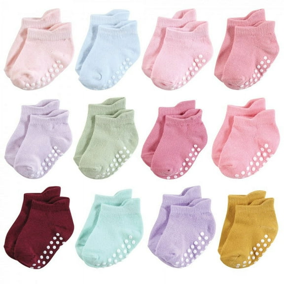 Hudson Baby Infant Girl Non-Skid No-Show Socks, Multi Girl, 0-6 Months