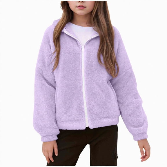 Staki Girls Fuzzy Sherpa Coat Full Zip Hoodie Fleece Jacket with Pockets Fall Winter Outwear 5-14Y(Purple,13-14 Years)