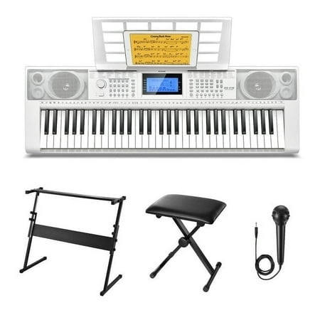 Donner Keyboard Piano 61 Key  Electric Keyboard Kit with 249 Voices - Includes Piano Stand  Stool  Microphone  Gift for Beginners  White (DEK-610S)