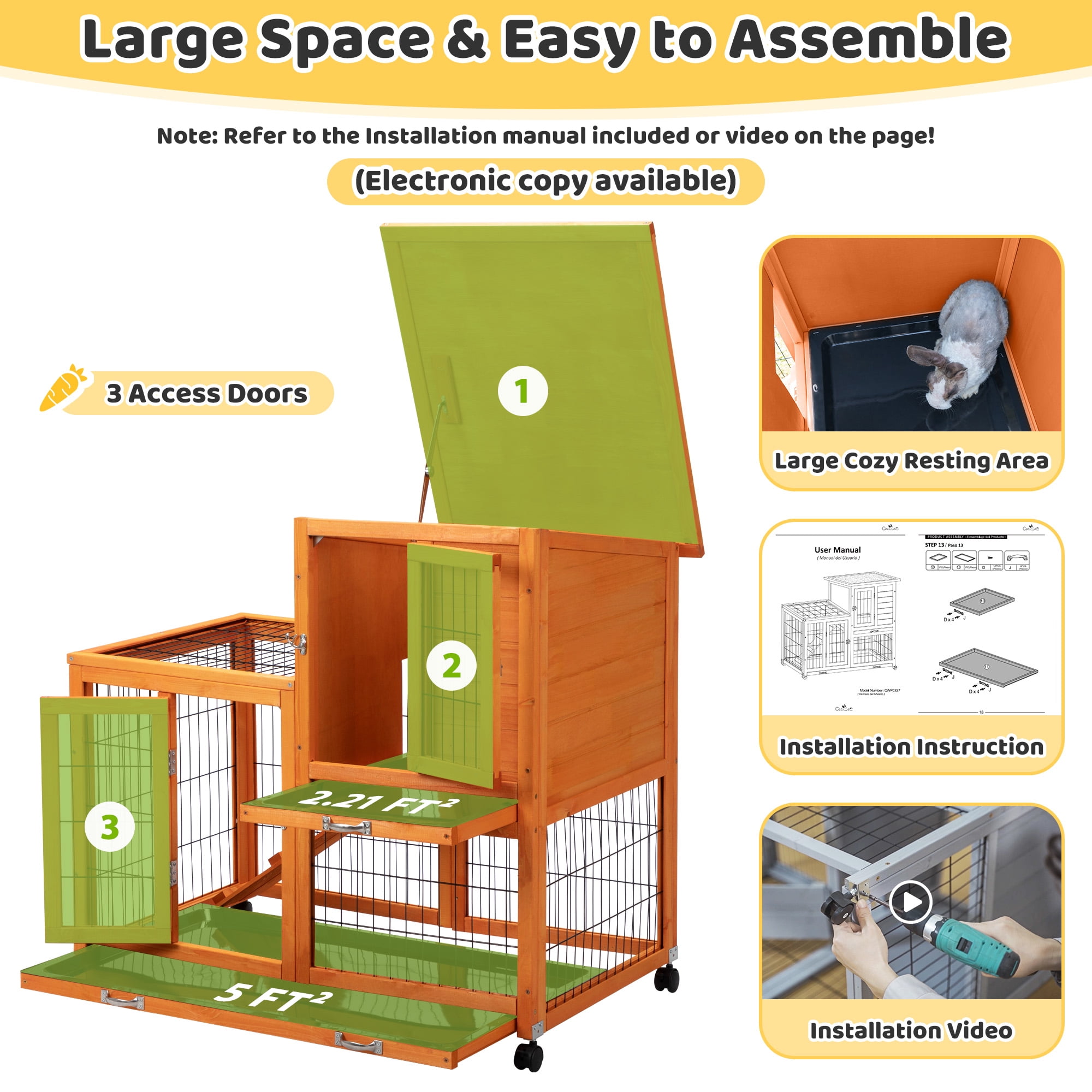 COZIWOW Wooden Rabbit Hutch Hamster Habitat Bunny House Outdoor w/ 4 Casters 2 Cleaning Trays
