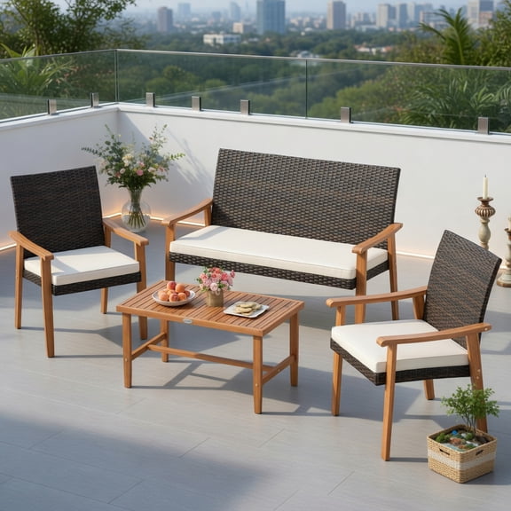 Resenkos 4-Piece Outdoor Patio Furniture Set – PE Rattan Loveseat & 2 Armchairs with Acacia Wood Coffee Table, Off-White Cushions, Weather-Resistant Wicker Seating for Garden, Poolside & Porch