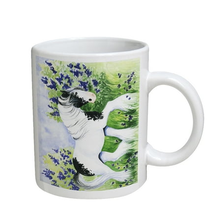 

KuzmarK Coffee Cup Mug 11 Ounce - Piebald Gypsy Cob with Lilacs and Violets Horse Art by Denise Every