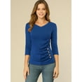 thumbnail image 3 of INSPIRE CHIC Women's Button Decor V Neck 3/4 Sleeve Solid Blouse Knitted Ruched Top, 3 of 6
