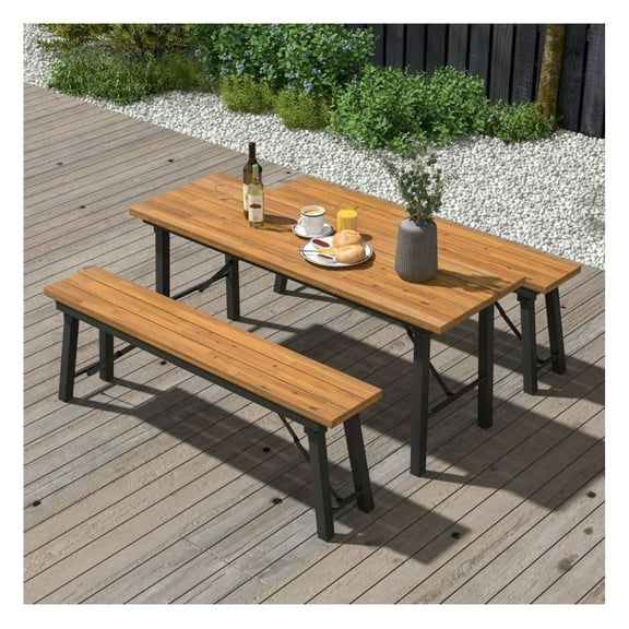FASCK Folding Picnic Table, Acacia Wood Top & Metal Frame, Portable Indoor Outdoor Dining Table for Patio Garden Camping Beach, Easy Storage