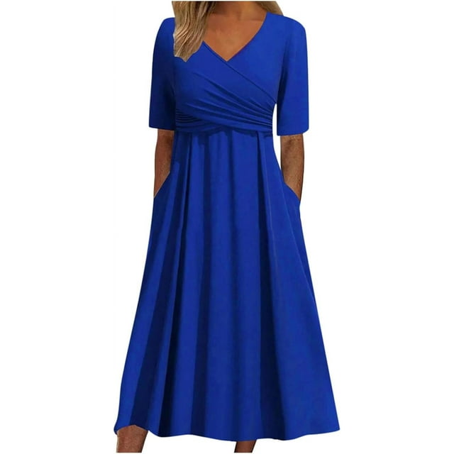 Robes de Printemps pour Femmes Décontractées Manches 3/4 Longue Robe Évasée Basique Plage Vacances Travail Maxi Robe 2025