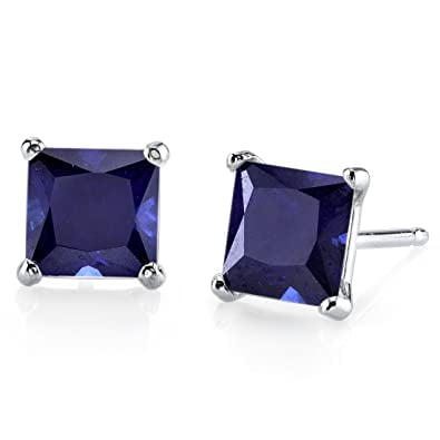 24k White Gold Plated 2 Cttw Blue Sapphire Princess Cut Stud Earrings