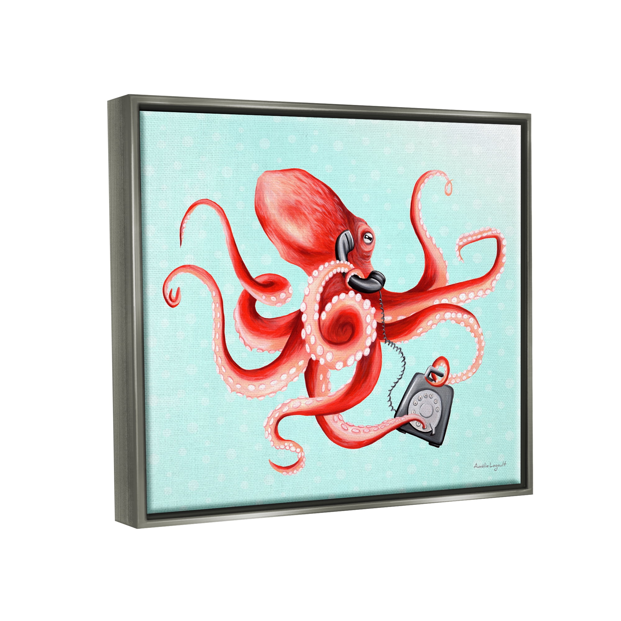 Stupell Industries Red Ombre Octopus Tentacles Retro Rotary Phone Graphic Art Luster Gray Floating Framed Canvas Print Wall Art, Design by Amelie Legault