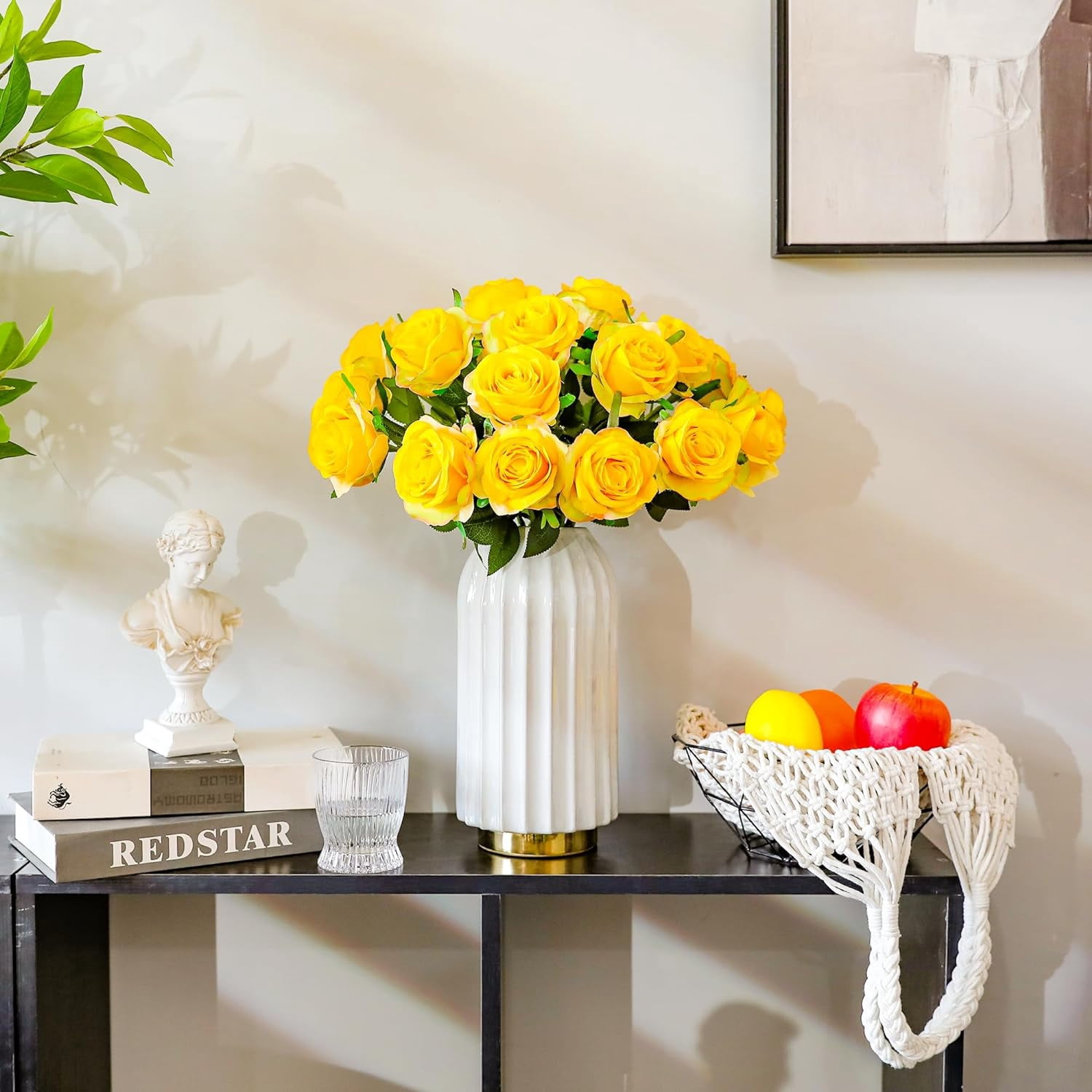 Yellow Fake Roses Artificial Flowers - Fake Artificial Roses Silk Flowers with Stems for Home Wedding Hotel Office Centerpiece Decor