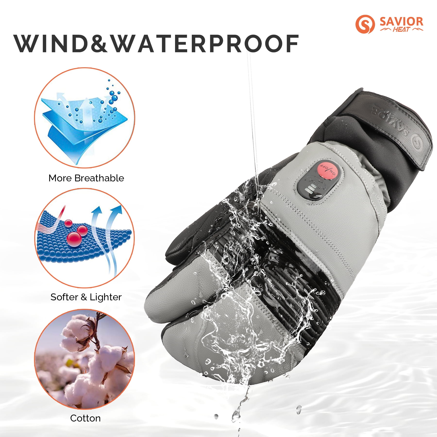 SAVIOR HEAT Heated Ski Mittens suitable for Men and Women - Rechargeable 7.4V 2200mAh Battery, Goatskin Leather, Waterproof/Windproof, 3 Heat Settings, Touchscreen - Ideal for Snowboard, Motorcycle,