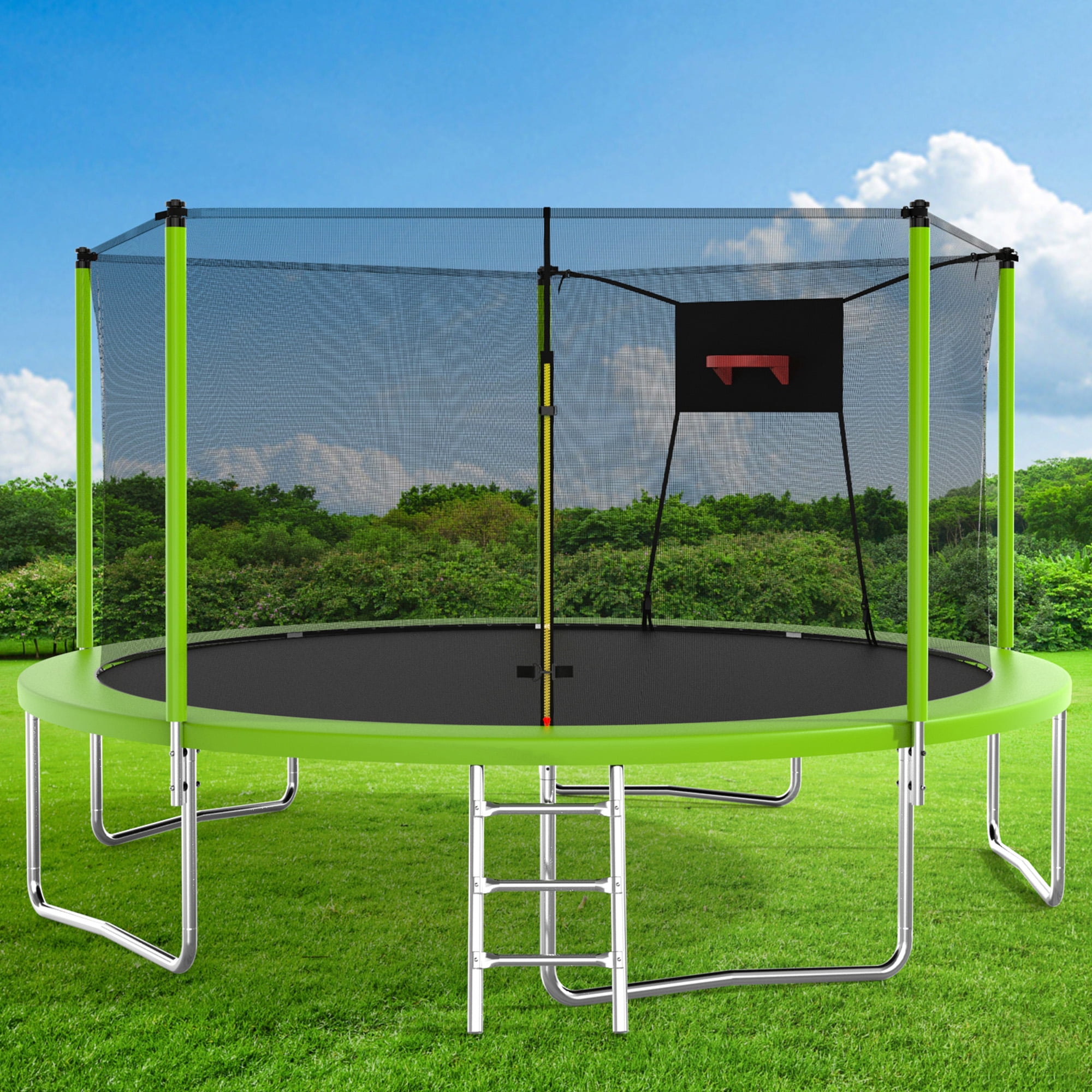 Trampoline with Enclosure, Upgraded 14 Feet Kids Outdoor Trampoline with Basketball Hoop and Ladder, Heavy Duty Round Trampoline for Indoor Outdoor Backyard, LLL4568