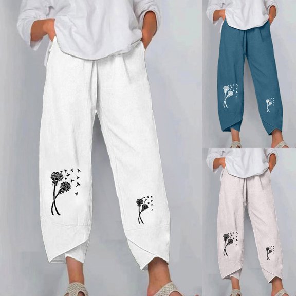 safuny Women's Capri Cotton Linen Pants Petal Tube Teen Trendy Girls Dandelion Print Relaxed Elastic Waist Trousers Casual Comfy Daily Blue L