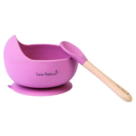 SARO "Nordic Wave" Silicone Baby Feeding Set - Blossom: Suction Bowl & Wooden Spoon for Toddler Self-Feeding
