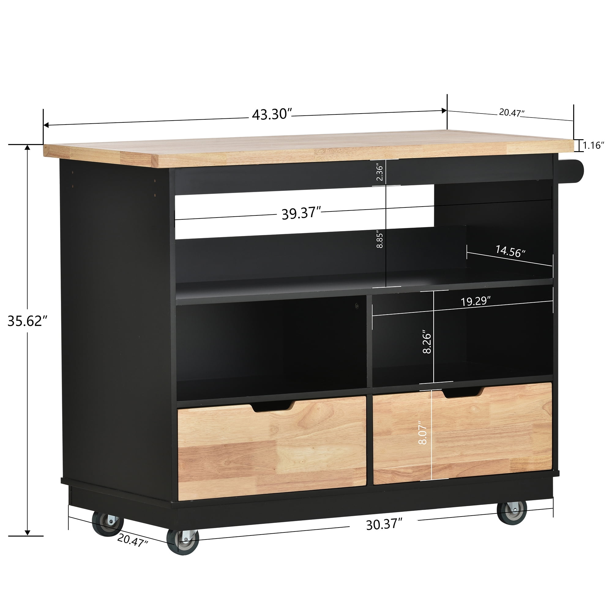 Euroco Kitchen Cart, Rolling Mobile Kitchen Island with Solid Wood Top and 2 Drawers, Black