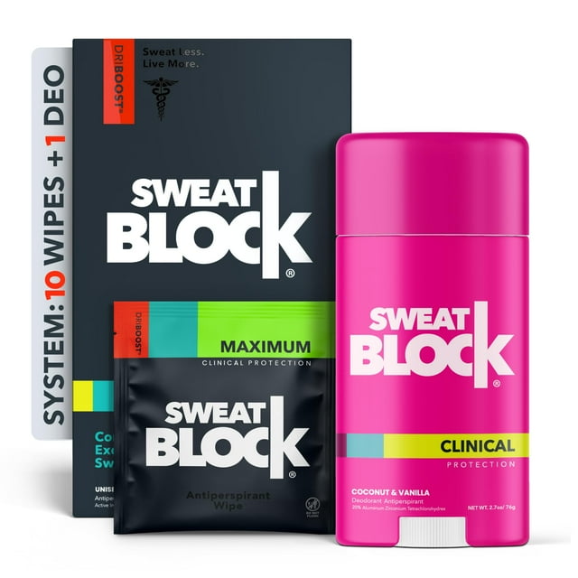 Sistema desodorante Sweatblock de máxima potencia para mujeres. Tratamiento para la hiperhidrosis y el sudor excesivo en las axilas. 10 toallitas clínicas y desodorante en barra con aroma a coco y vai