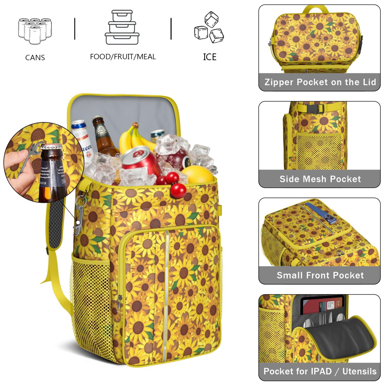 Travel Cooler Bag - Sunflower Camping Beer Cooler Backpack with Bottle Opener- Waterproof Insulated Picnic Backpacks - Cooler Bag for Beach
