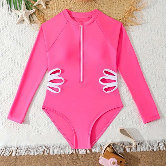 Girls One Piece Swimsuit Zipper Bathing Suit Round Neck Long Sleeve Cut Out Comfortable Swimwear Hot Pink 10-11 Years