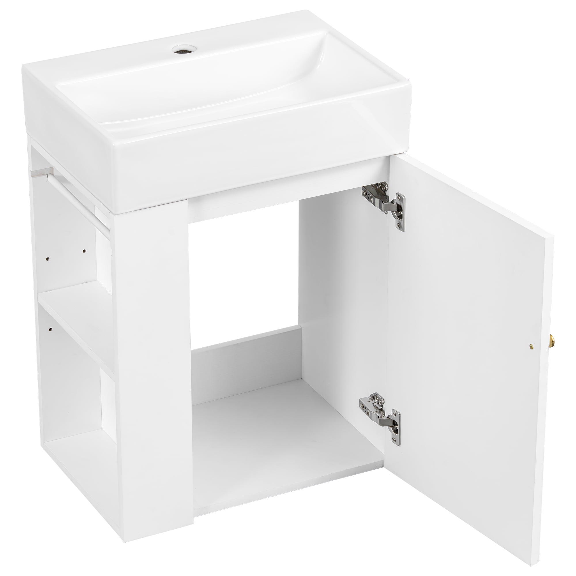20 Inch Bathroom Vanity with Ceramic Sink, Diamond Pattern Door Design, Gold Handle & Side Storage Shelves – Modern Small Space Cabinet with Towel Bar, MDF Construction
