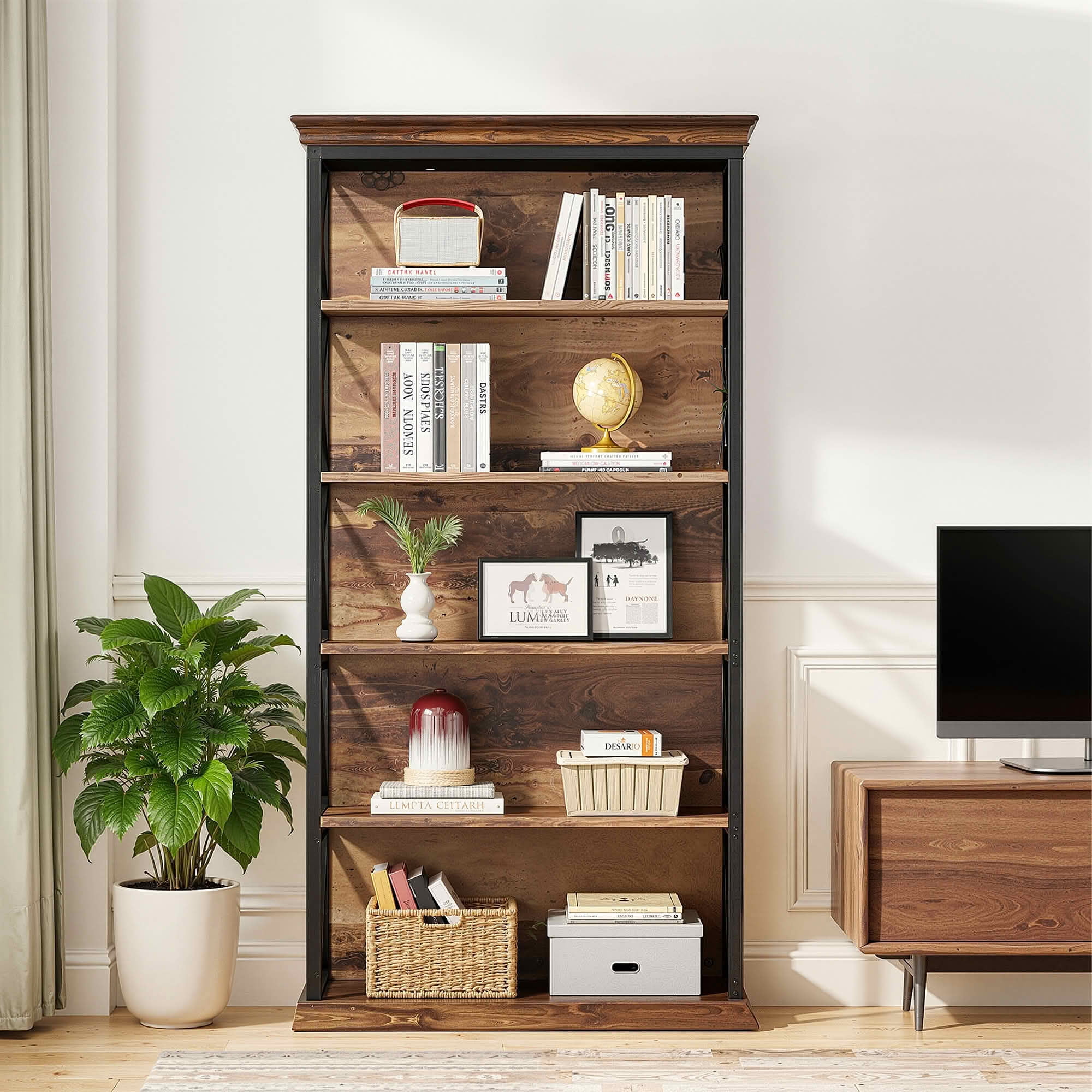 MAYEERTY 70.87" 6-Tier Bookshelf, Metal Wood Etagere Bookcase with X-Shaped Frame, Heavy Duty Storage Display Rack for Home Office Bedroom
