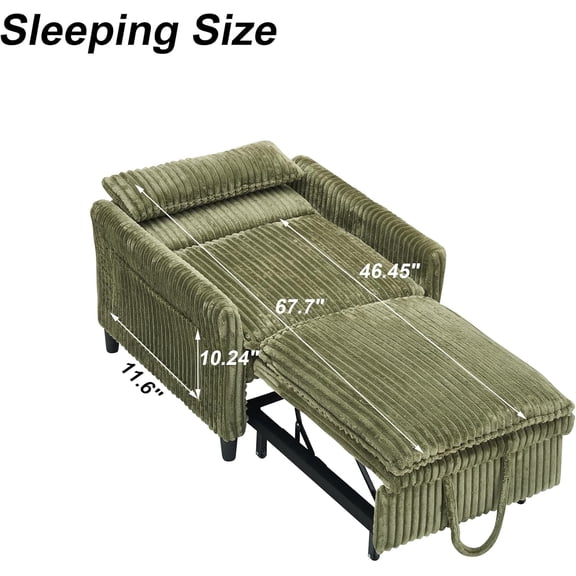 3-in-1 Convertible Sofa Chair Bed,Pull Out Couch Single Sleeper Chair Bed,with Adjustable Backrest with Side Pockets Lounge Sofa for Living Room Bedroom Small Spaces (Green)