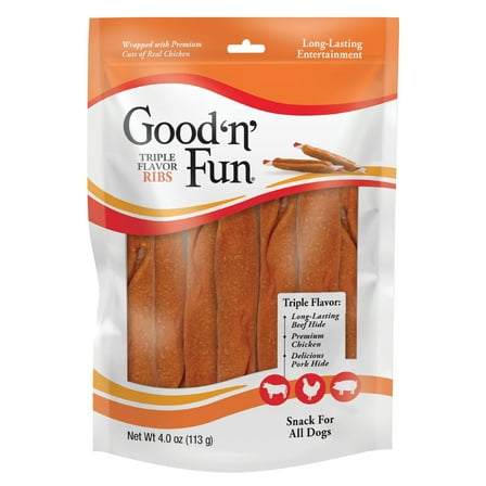 Good ’n’ Fun Triple Flavor Ribs, Rawhide Chews for All Dogs, 4 oz
