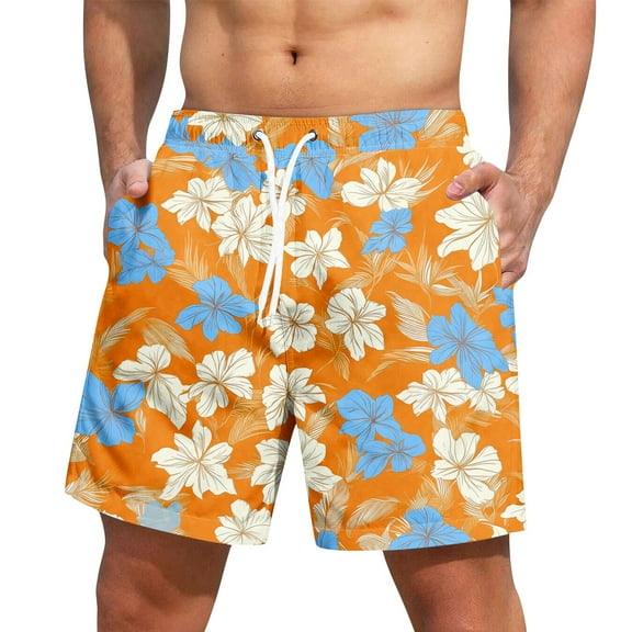 Xyxonk Mens Swim Trunks Quick Dry 9 Inch Big & Tall Beach Shorts Summer Print Elastic Swimwear Bathing Suits with Pockets Orange S