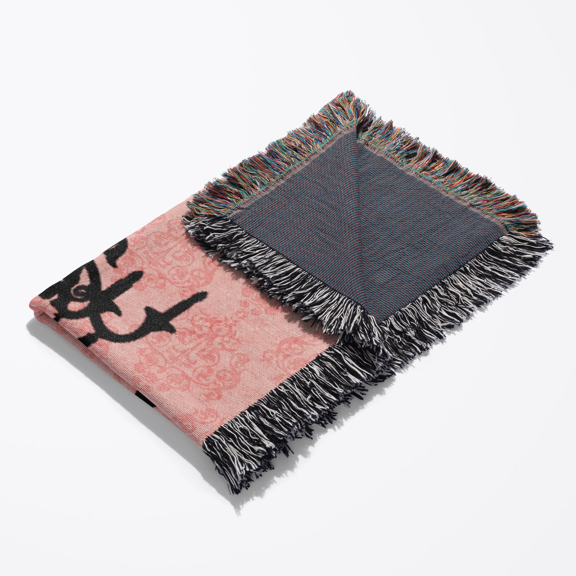 Black Chandelier Against A Pink Damask Background, Woven Blanket