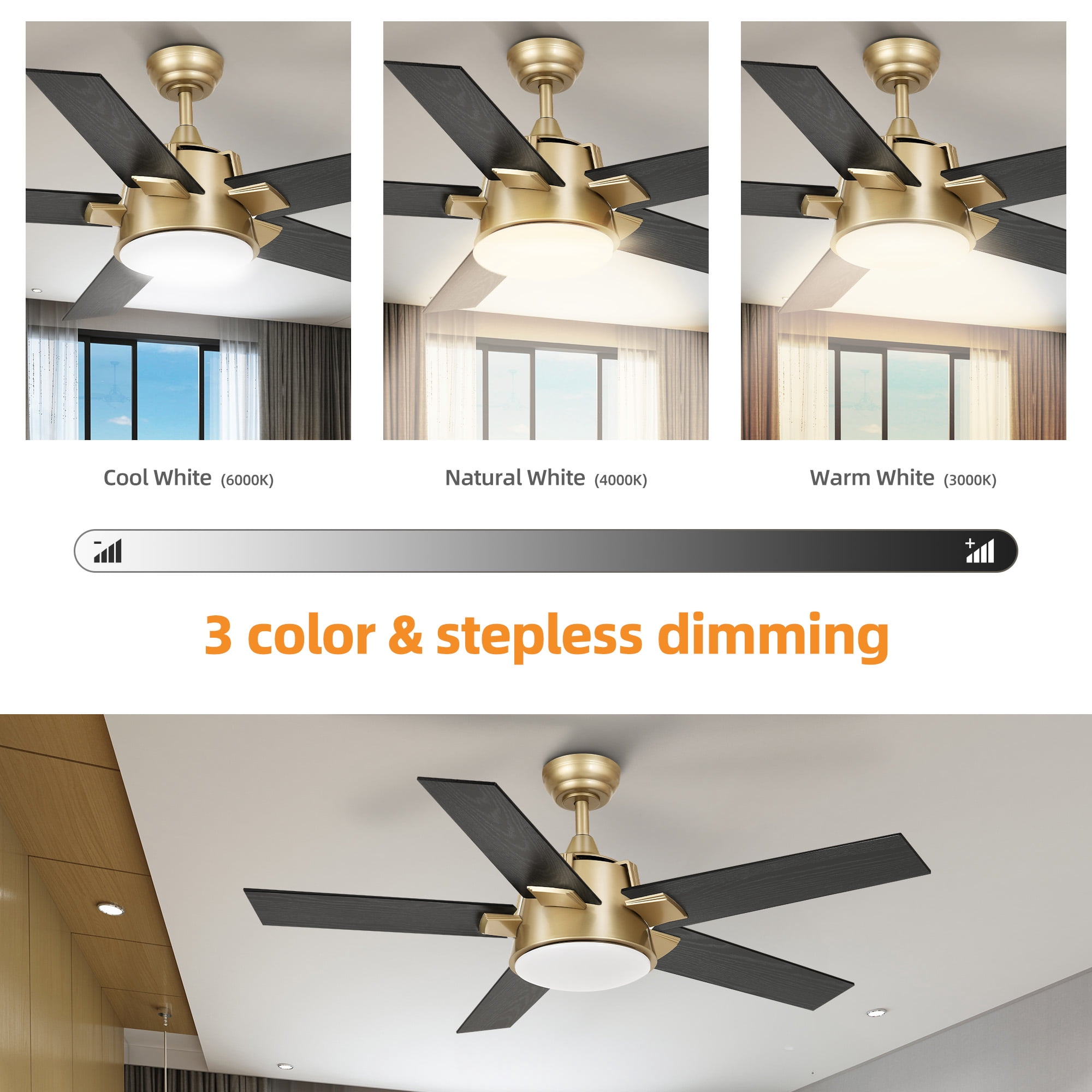 Craftian 52 Inch Modern Ceiling Fan with Light and Wall Switch Remote, Smart Ceiling Fan with 6-Speed 5 Blades - Black & Gold