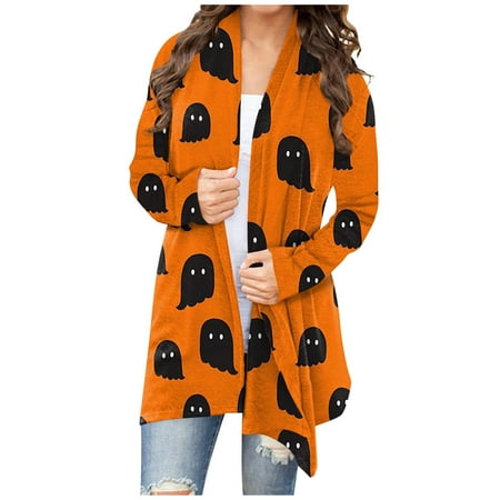 

DENGDENG Women Cardigan Sweater Lightweight Plus Size Sweatshirt Aesthetic Halloween Open Front Shirts Maternity Long Sleeve Fall Cardigans Work Ghost Jacket Orange M