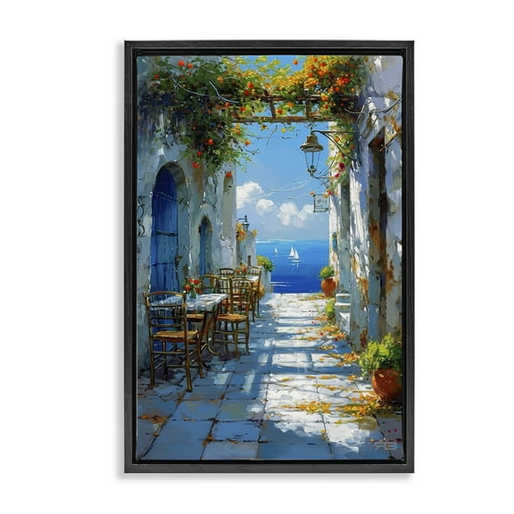 Stupell Industries Quaint Alley by Sea Cities & Countries Painting Black Floater Framed Canvas Art Print Wall Art, 17 x 25