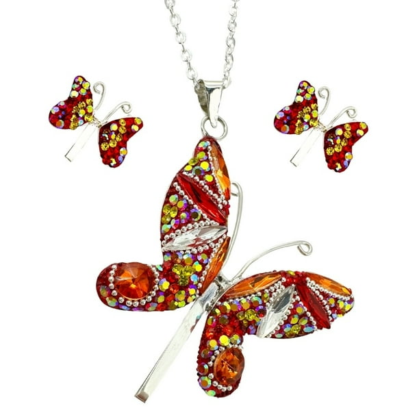 Juego de aretes y cadena ZVEZDA con dije en forma de mariposa plata mexicana ley .925 naranja
