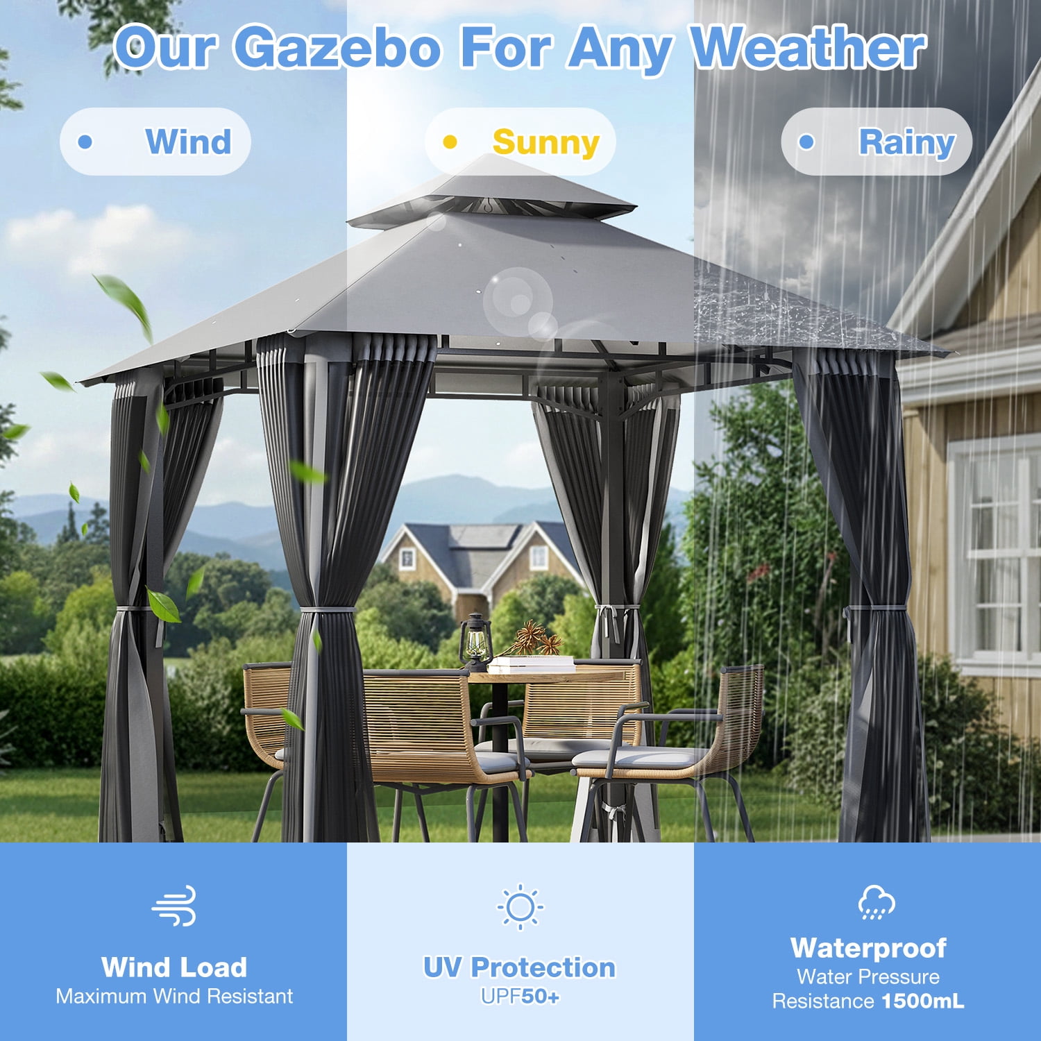 BREEZESTIVAL 8X8ft Patio Gazebo Outdoor Gazebo with Double Roof Metal Frame Canopy Carpas Para Patio Heavy Duty Shelter with Mosquito Net Screen for Backyard Lawn Garden Deck(Grey)