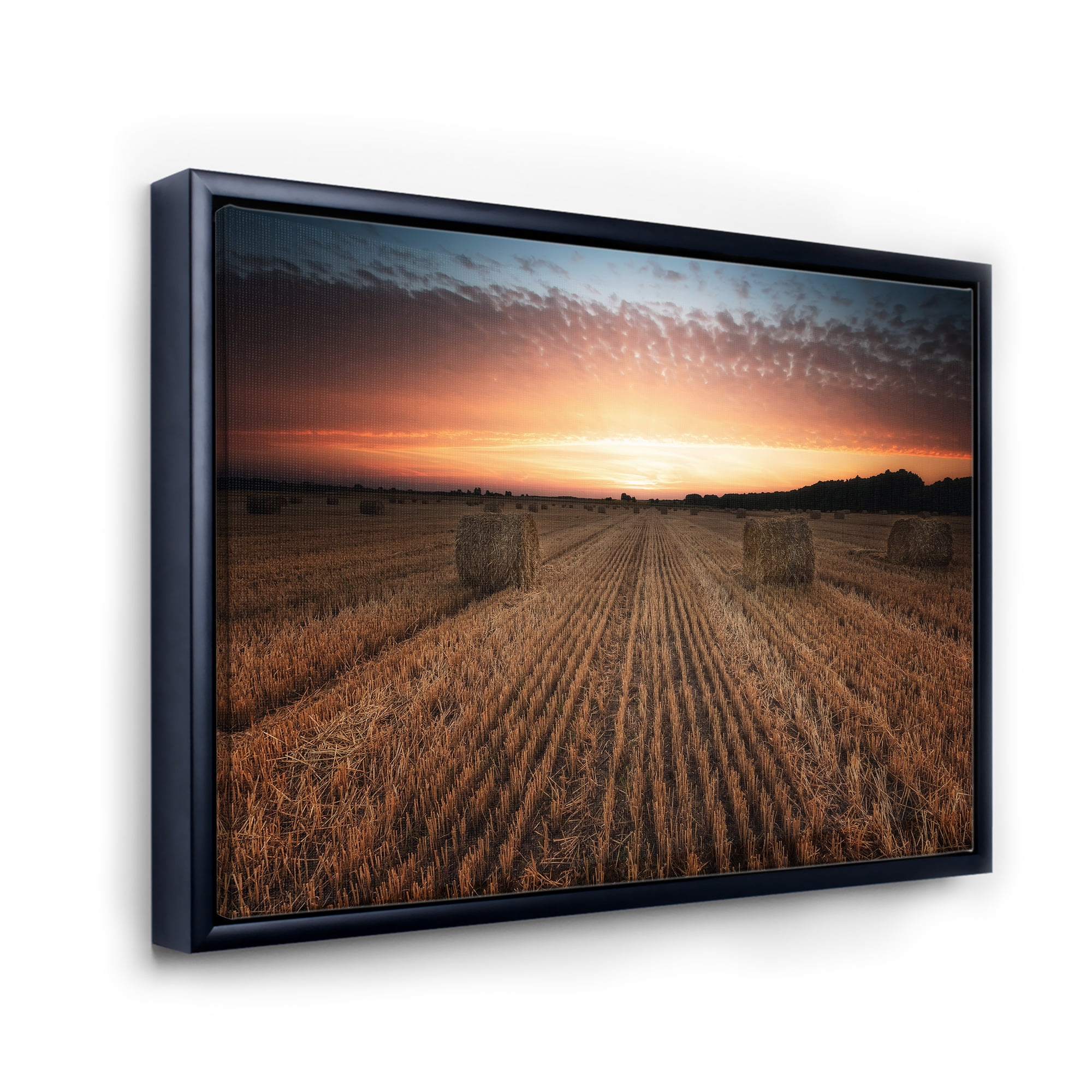 Designart 'A Field Full of Hay Bales At Sunset Landscape' Farmhouse Framed Canvas Wall Art Print