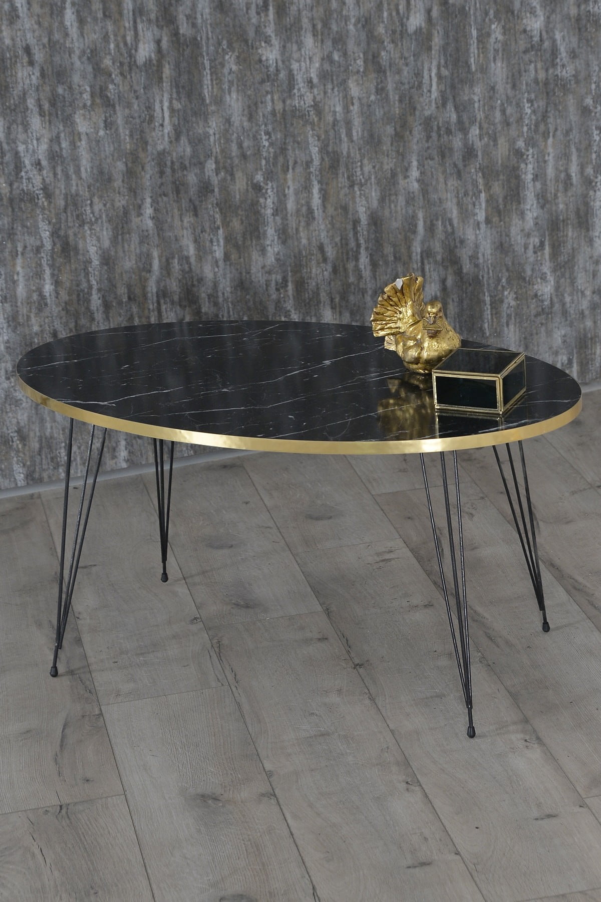 Black Marble Print Oval Coffee Table with Black 3-Rod Metal Legs,Faux ...