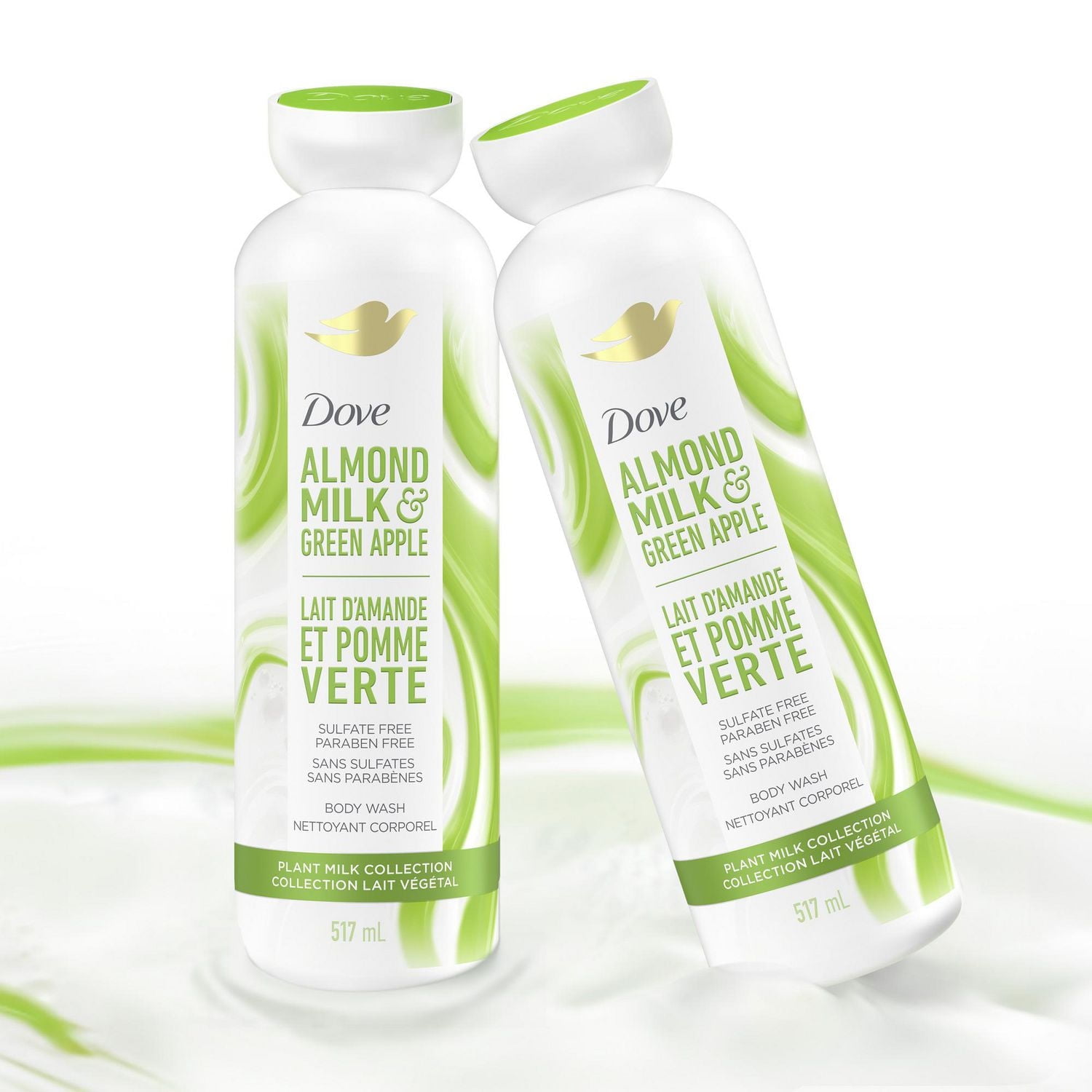 Dove Lait Végétal Gel Douche Nettoyant pour une Peau Hydratée Lait d'Amande & Pomme Verte, sans Nettoyants au Sulfate ni Parabènes, pH équilibré, 517mL 517mL
