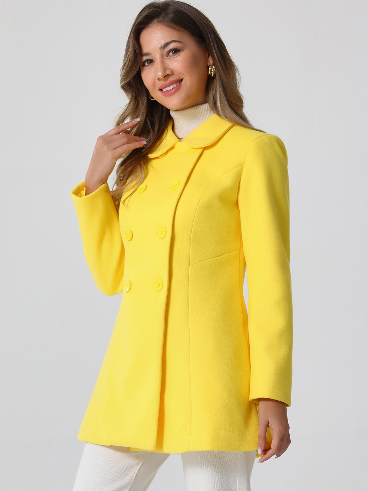DARING DIVA Women's Peter Pan Collar Double Breasted Winter Trench Coat Yellow M