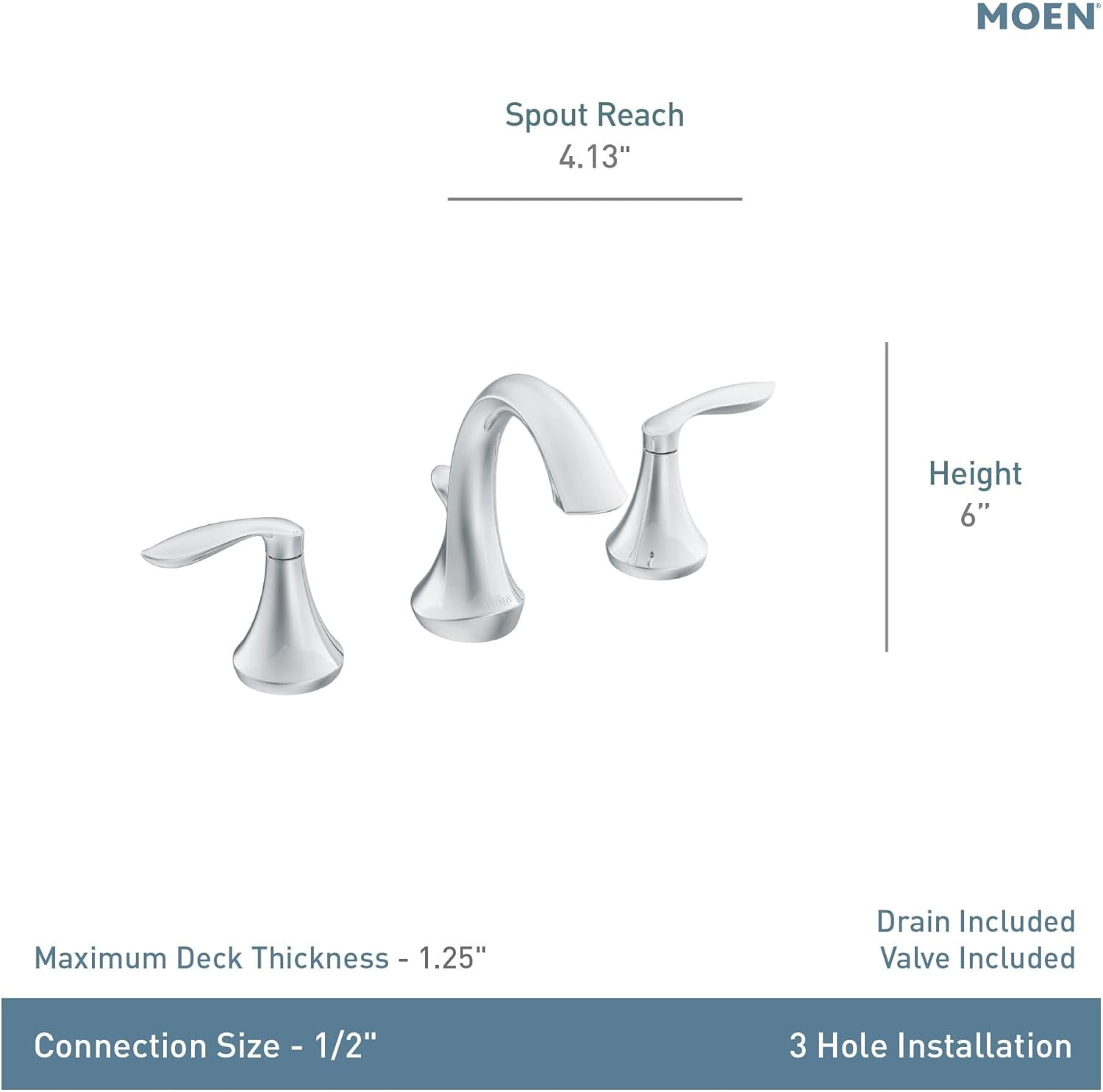 Moen TV6420 Eva Chrome Two-Handle High Arc Widespread Bathroom Sink Faucet for 3-Hole Setups with Valve Included